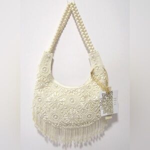 Elegant Pearl-Embellished Cream Shoulder Bag